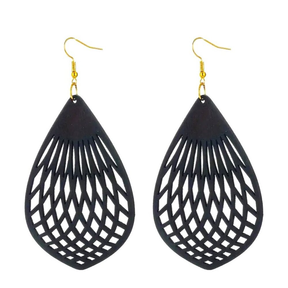 Earrings Wood Large Hollow Cut Bohemian Dangle Boho Carved Hippie Trendy Black